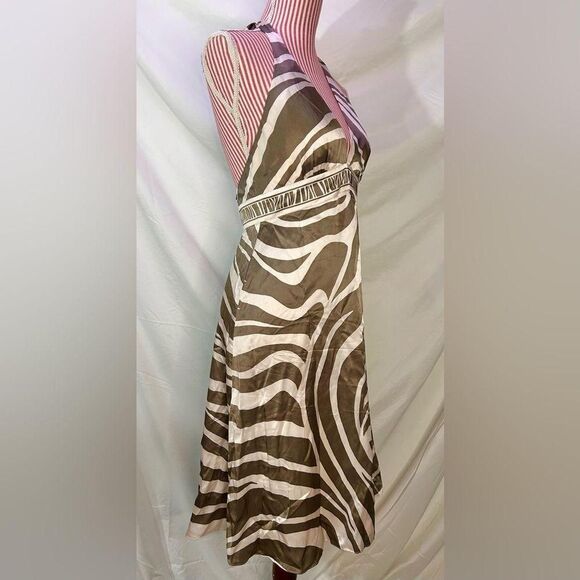 BCBG Silk Halter Dress Zebra Striped Brown Champagne Cocktail $260 Size 6 - Picture 5 of 8